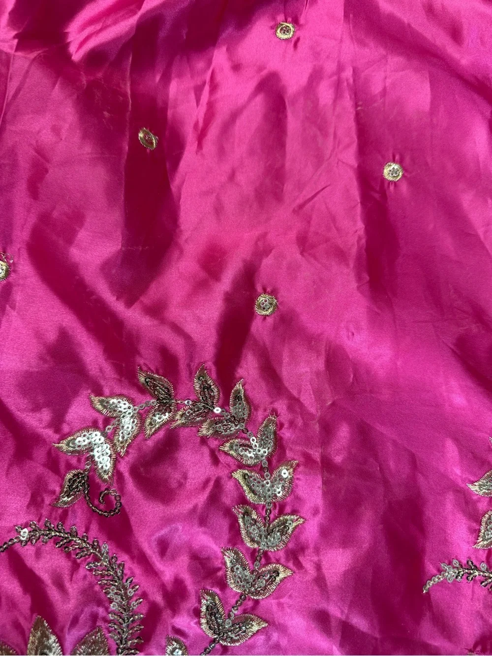 Embroidered Satin Midi Skirt in Hot Pink with Gold Accents - Picture 8 of 8